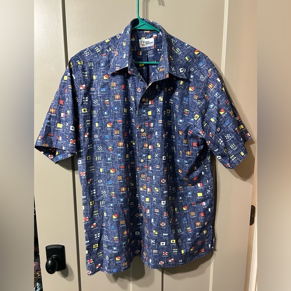 reyn spooner Navy Short Sleeve Button-Down with Multicolor Nautical Flag